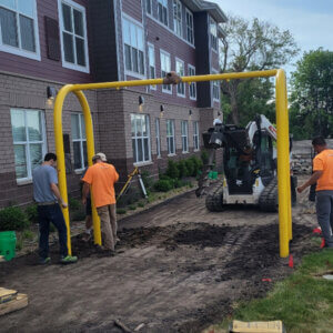Team of volunteers constructing playground